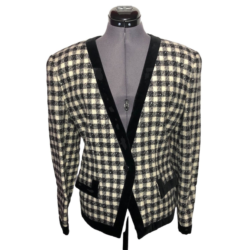 Vtg 90s Giorgio Armani Blazer Plaid Wool Velvet Trim Made in Italy B40 W36 Sz 42